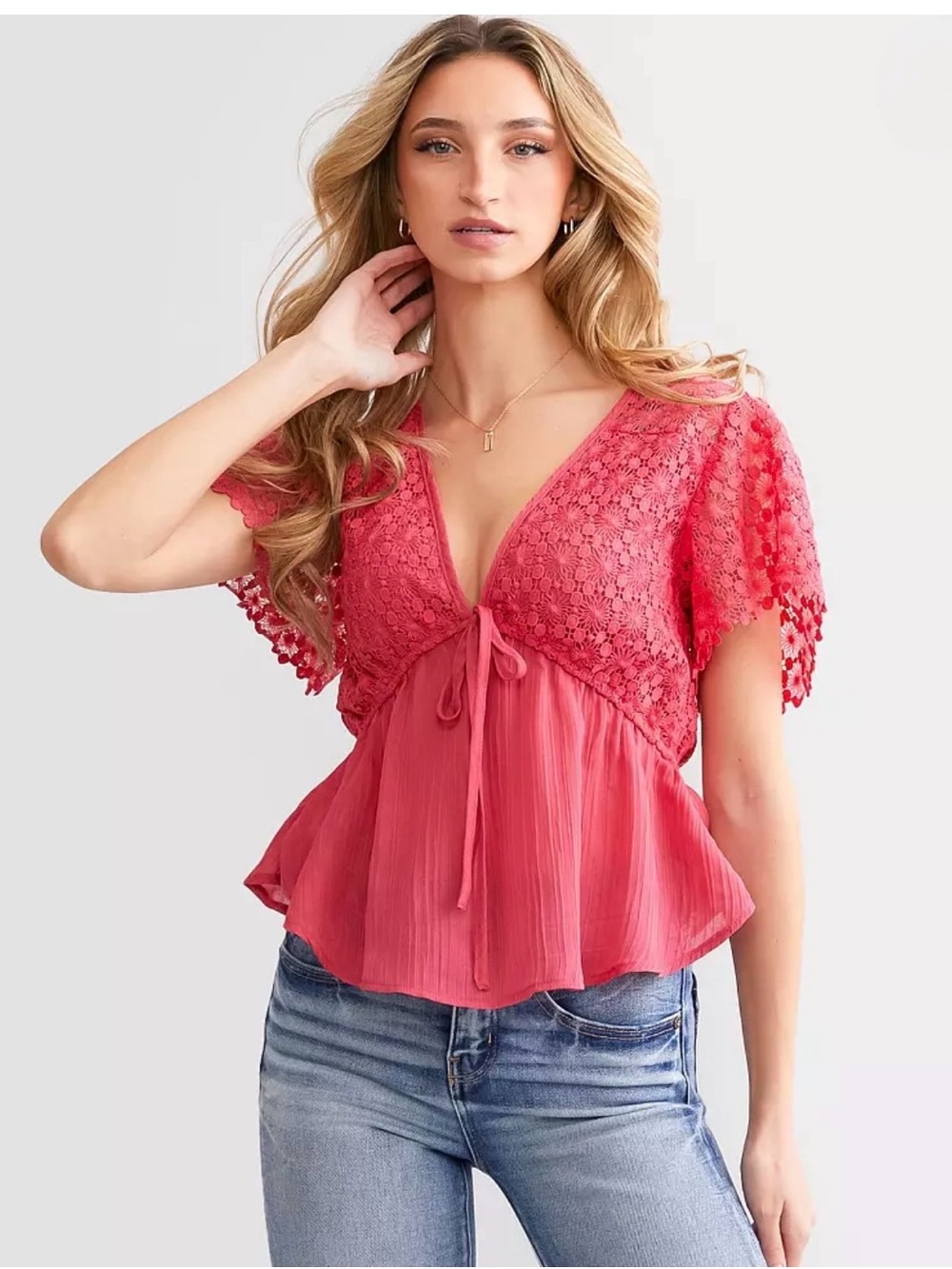 Daytrip Coral Lace Tie-Front Peplum Blouse Size L